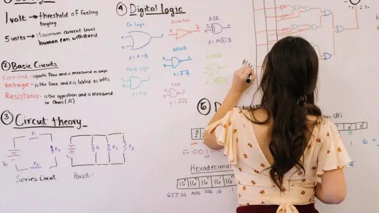 A teaching assistant explains a topic on a whiteboard