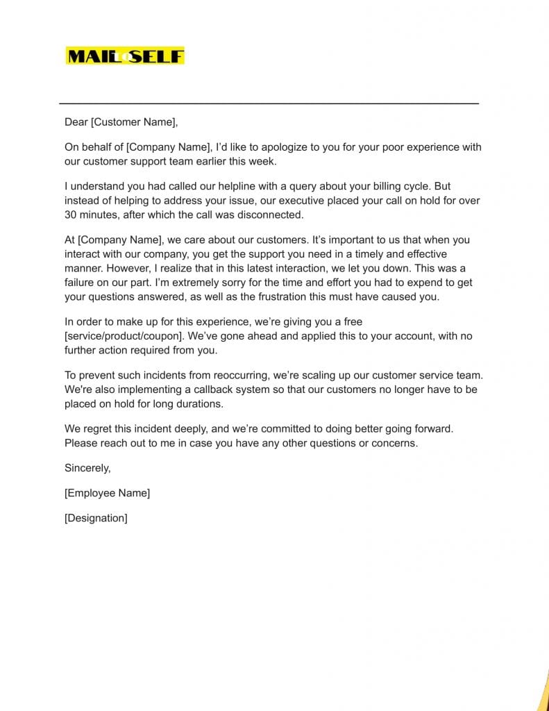 Sample letter for Apologizing for a poor customer service experience