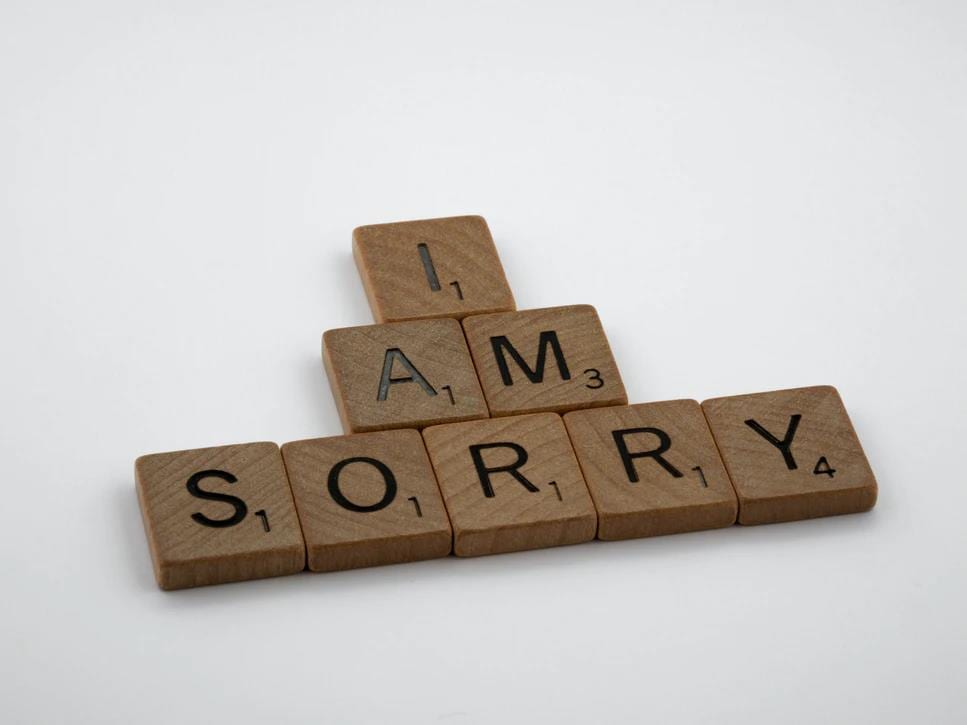 The words “I am sorry” written using wooden Scrabble alphabet blocks