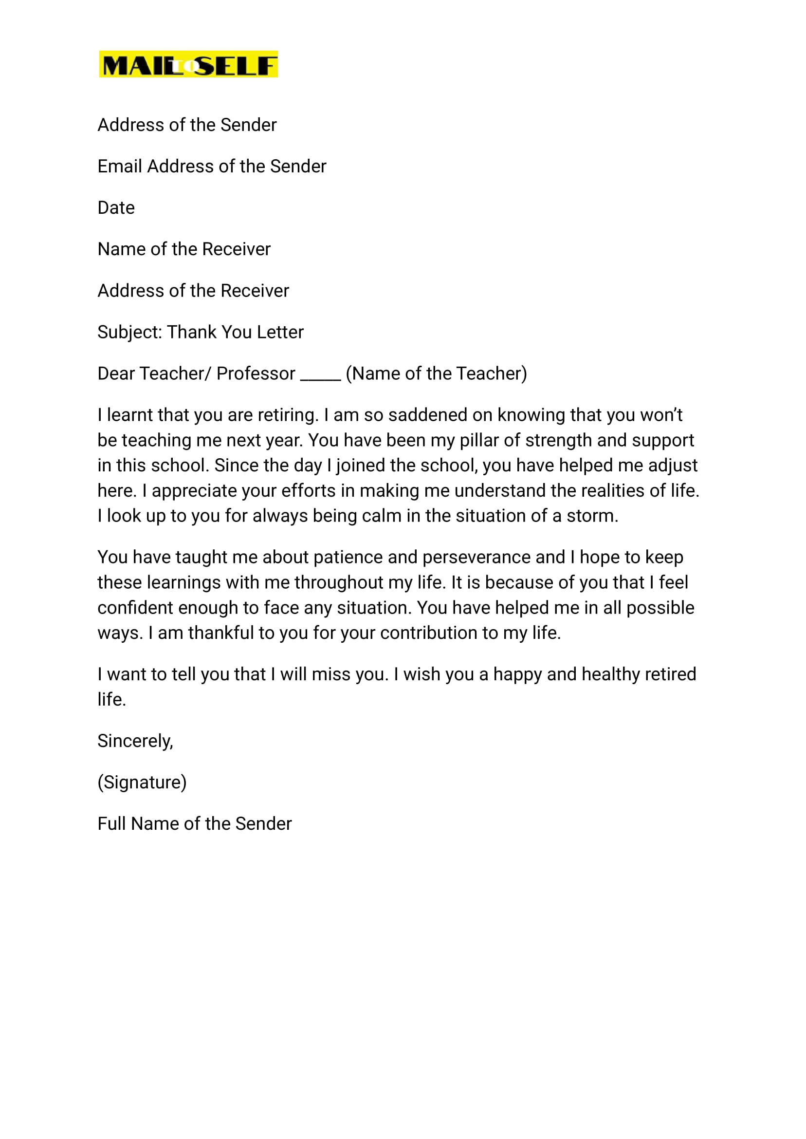 Sample #1 for Thank You Letter to Retiring Teacher