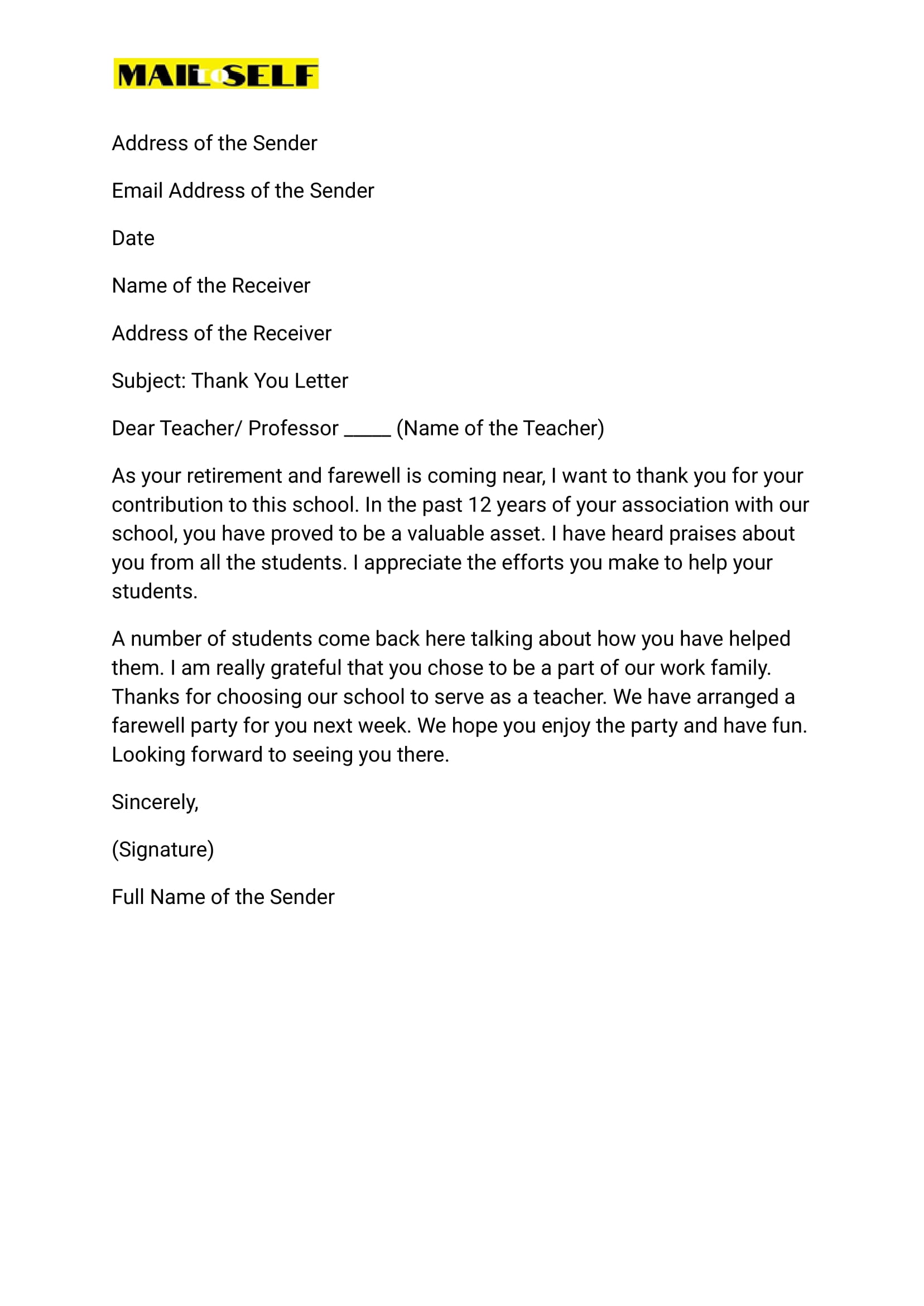 Sample #2 for Thank You Letter to Retiring Teacher