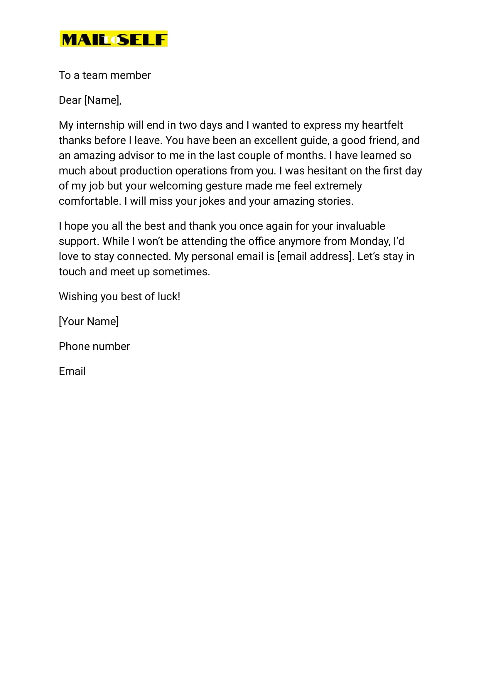 Post internship thank you letter Sample #3 Sample #3 for Post internship thank you letter