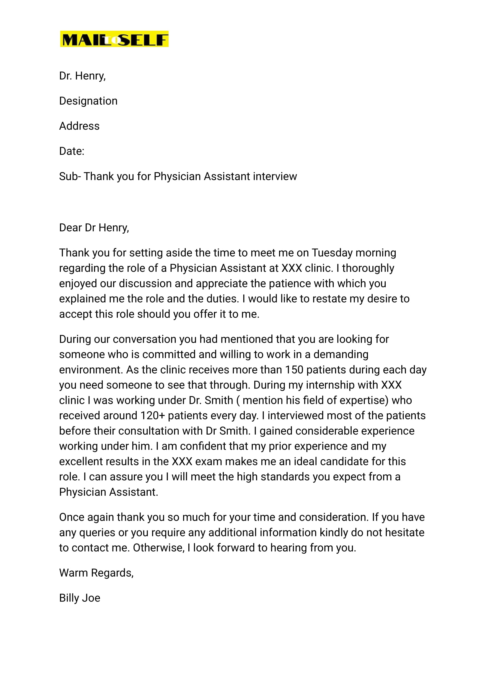 Sample #3 for Physician assistant interview thank you letter