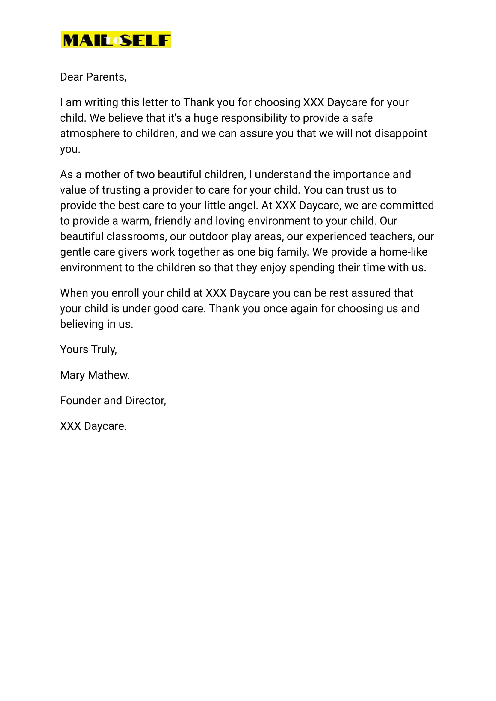 Sample #4 for Daycare thank you letter to parents