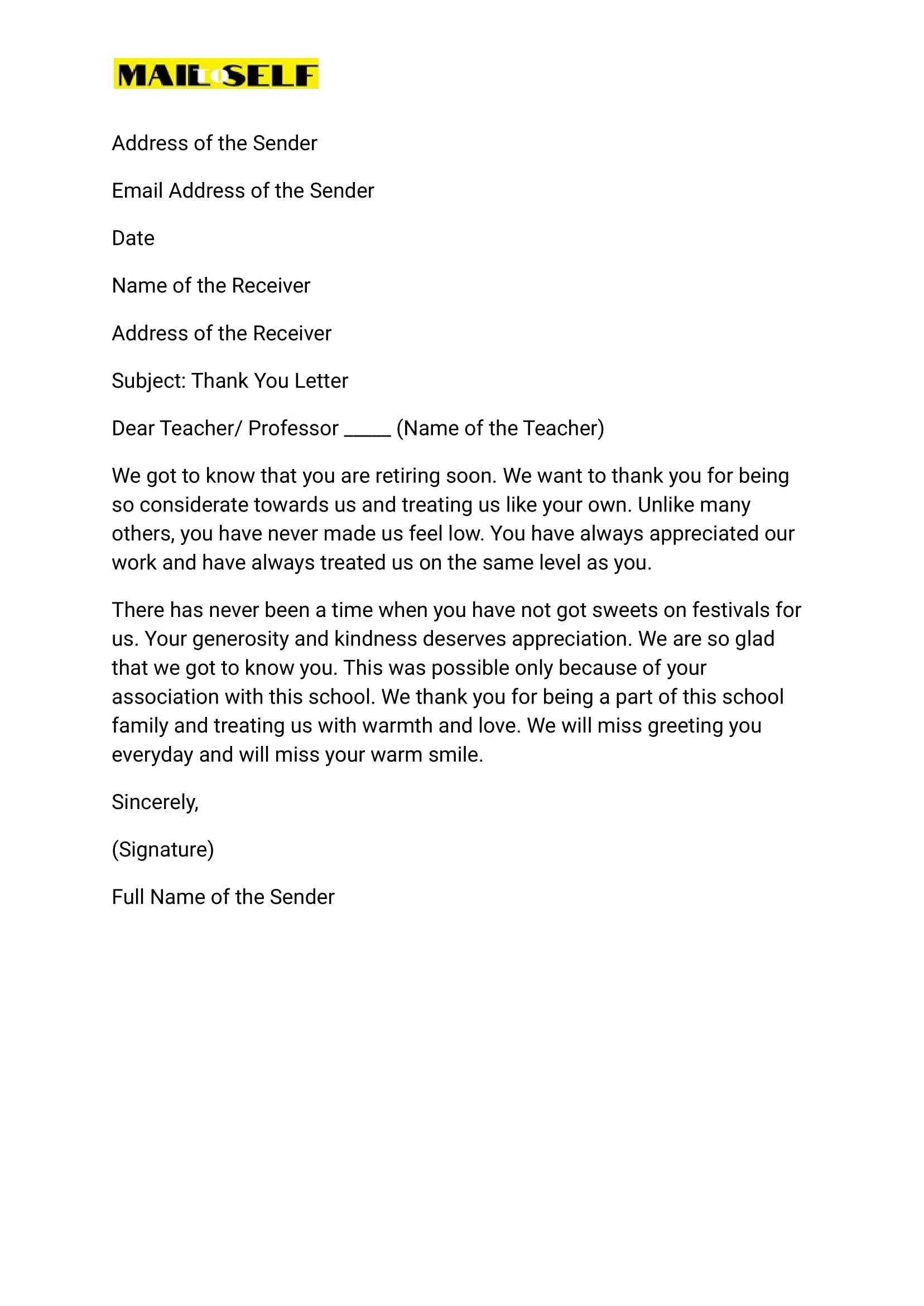 Sample #4 for Thank You Letter to Retiring Teacher