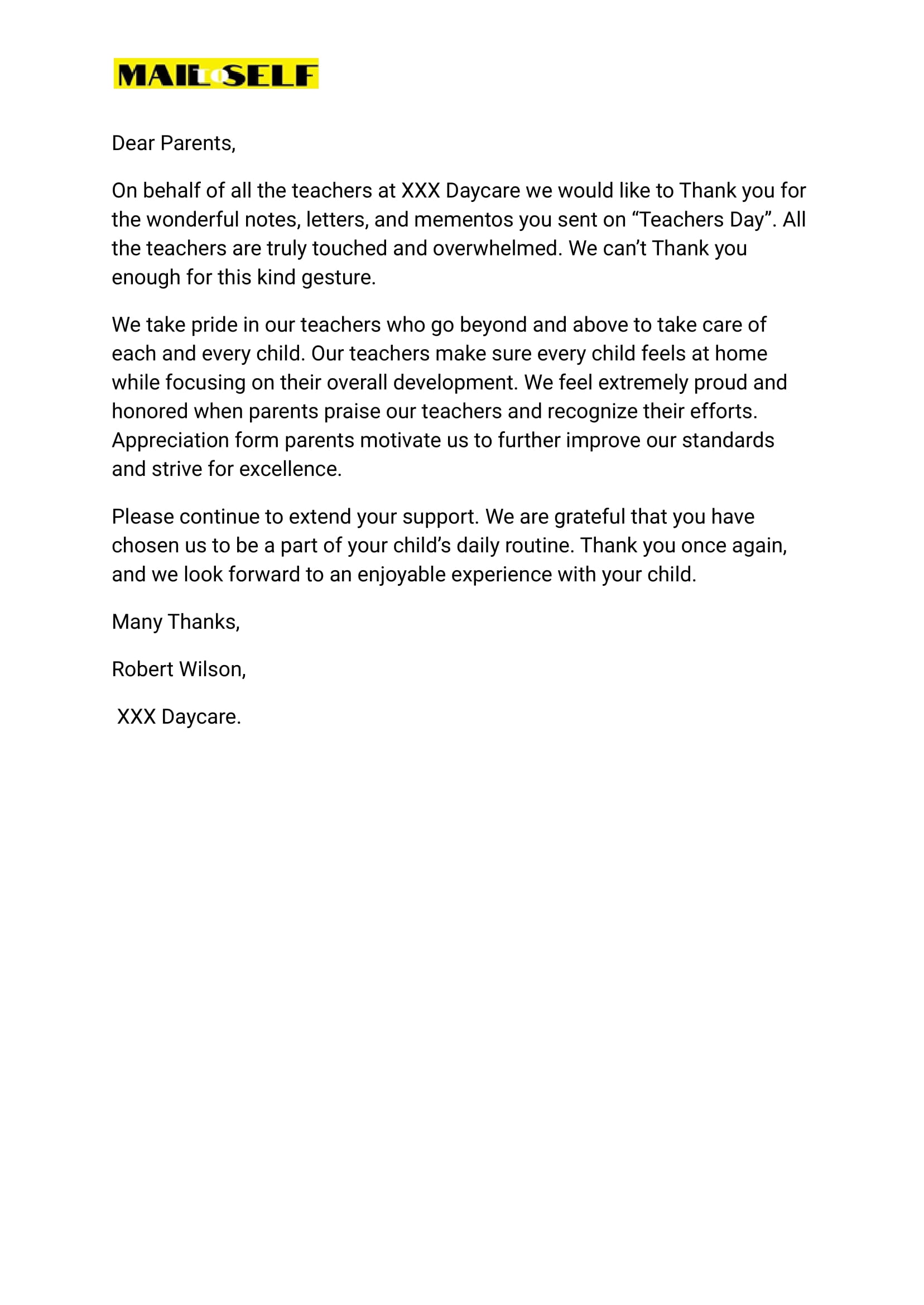 Sample #5 for Daycare thank you letter to parents
