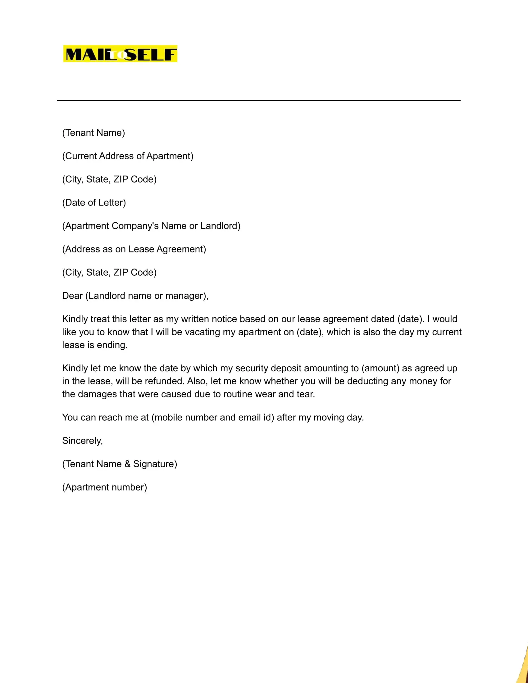 Sample #4 Move out letter to tenant