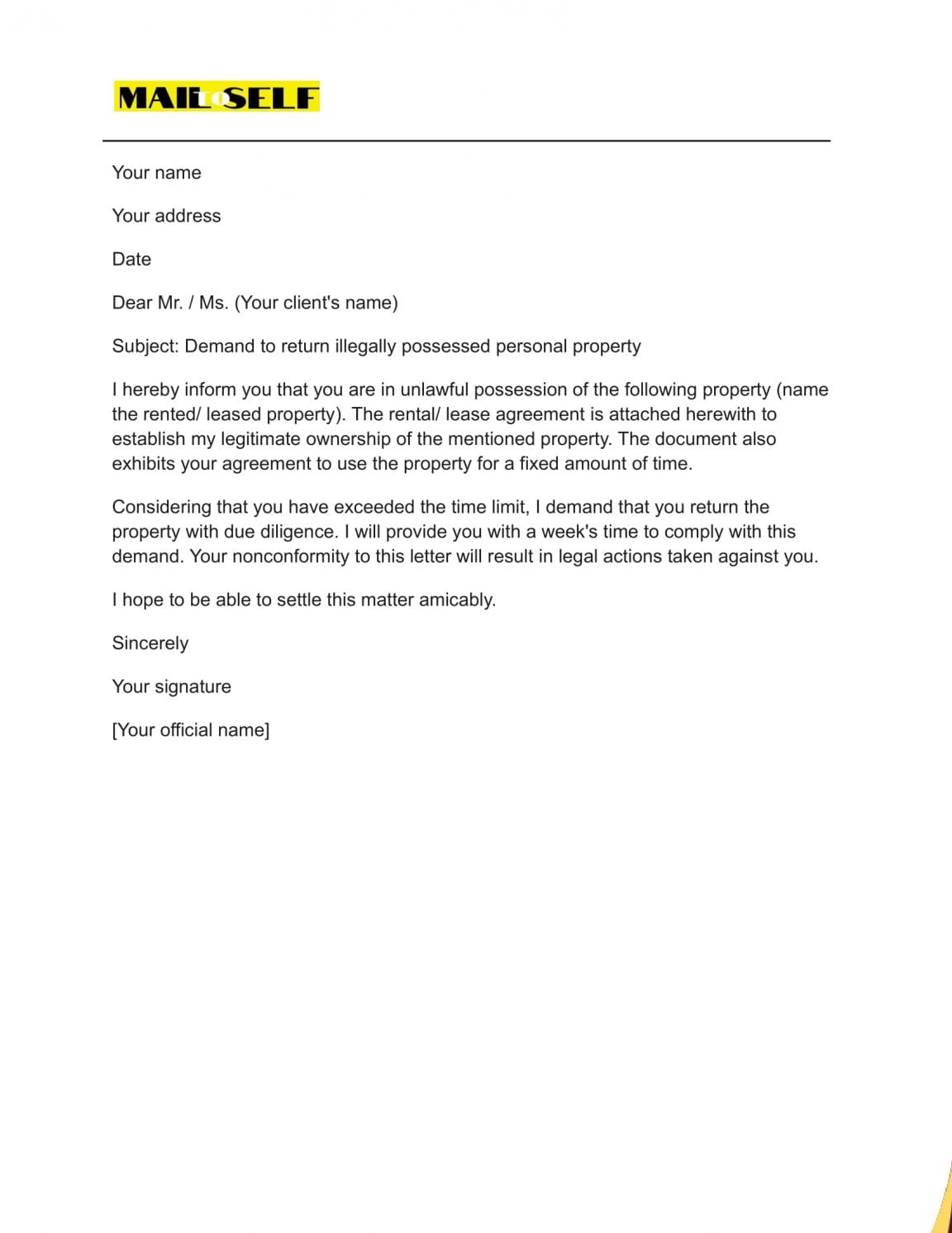 Letter for Return of Personal Property How To, Templates & Examples