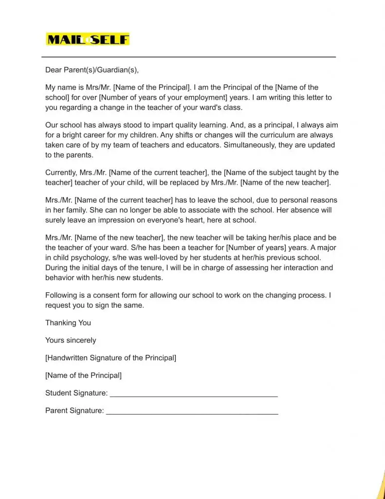 Sample for Principal Letter to Parents about Teacher Change