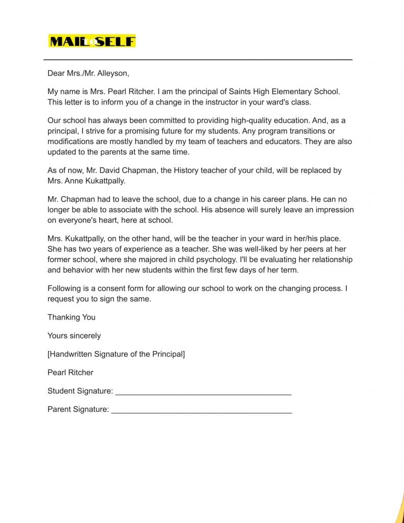 Sample #2 for Principal Letter to Parents about Teacher Change