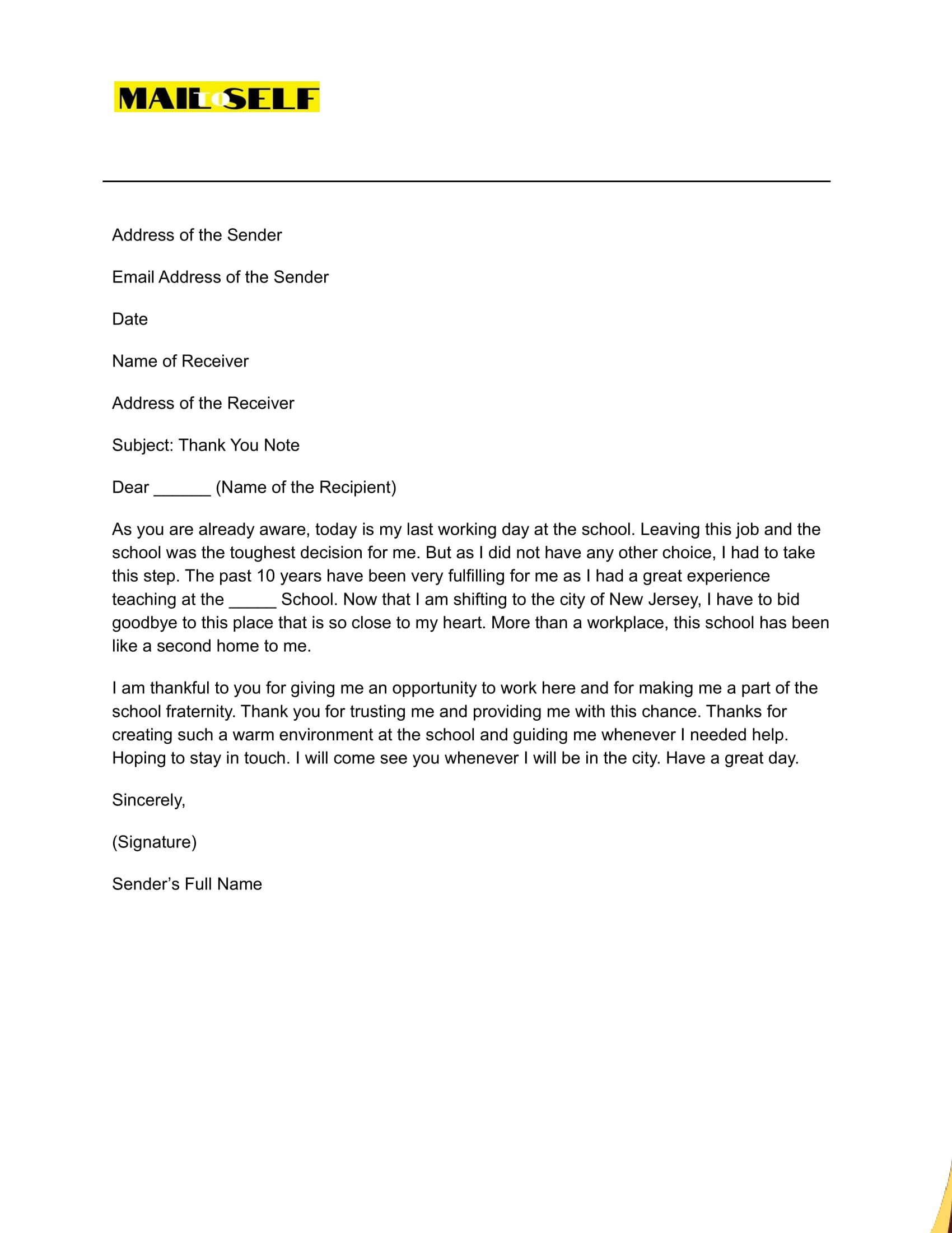 Sample #1 Thank You Letter After Resignation