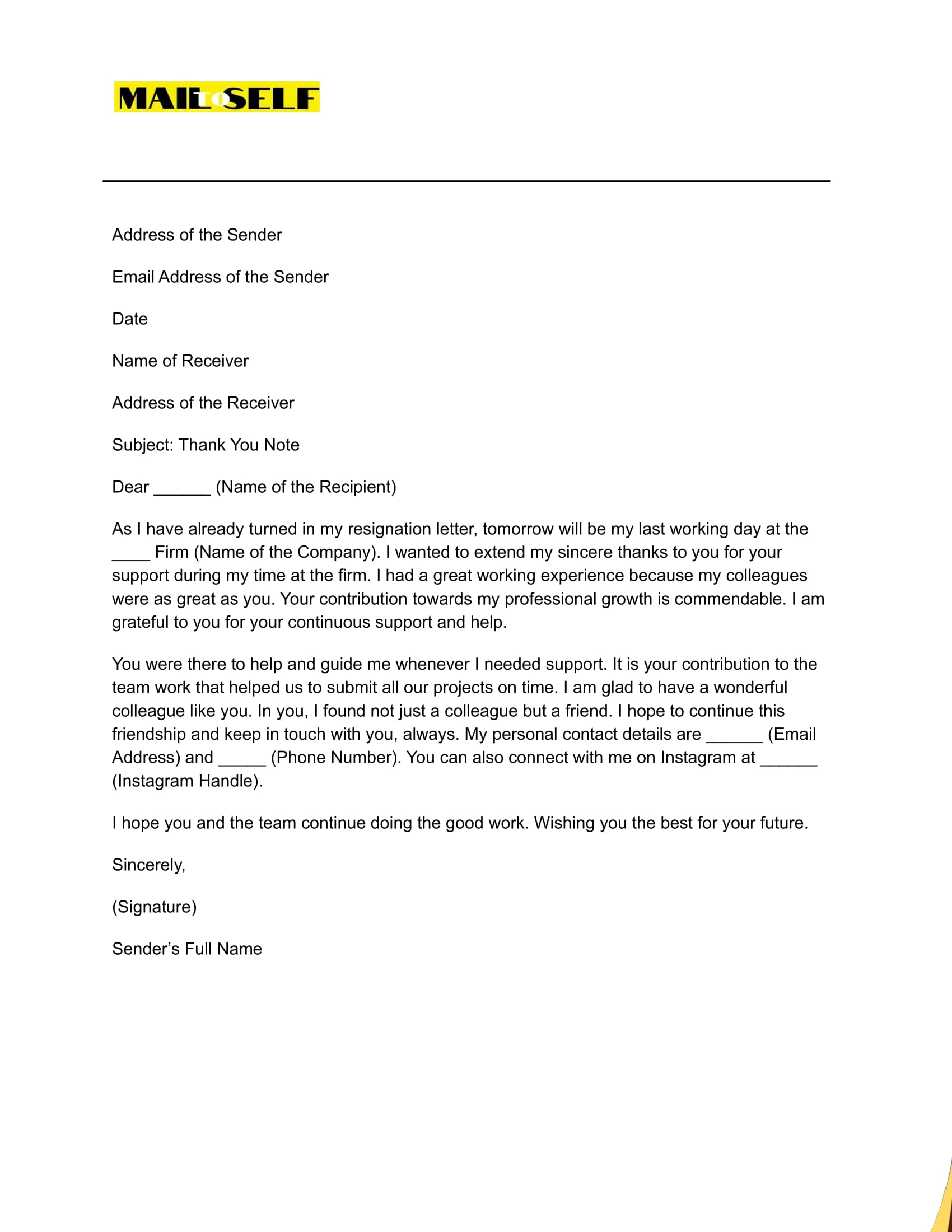 Sample #3 Thank You Letter After Resignation