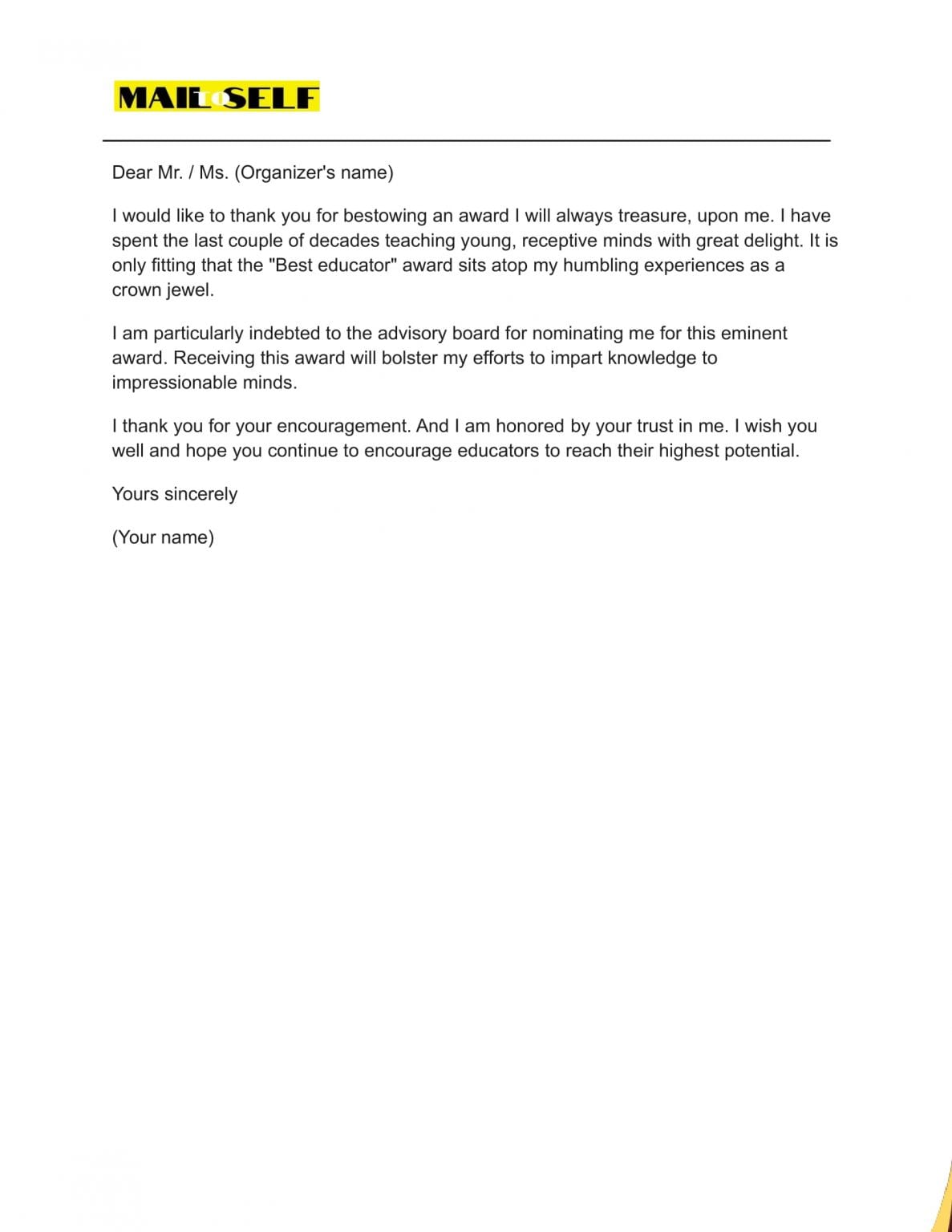 Thank you letter for receiving an award how to templates examples