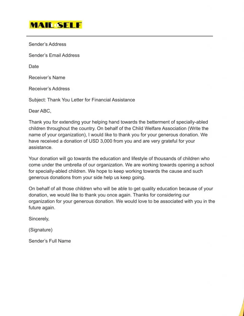 Thank You Letter for Financial Support Sample #3 Sample #3 for Thank You Letter for Financial Support