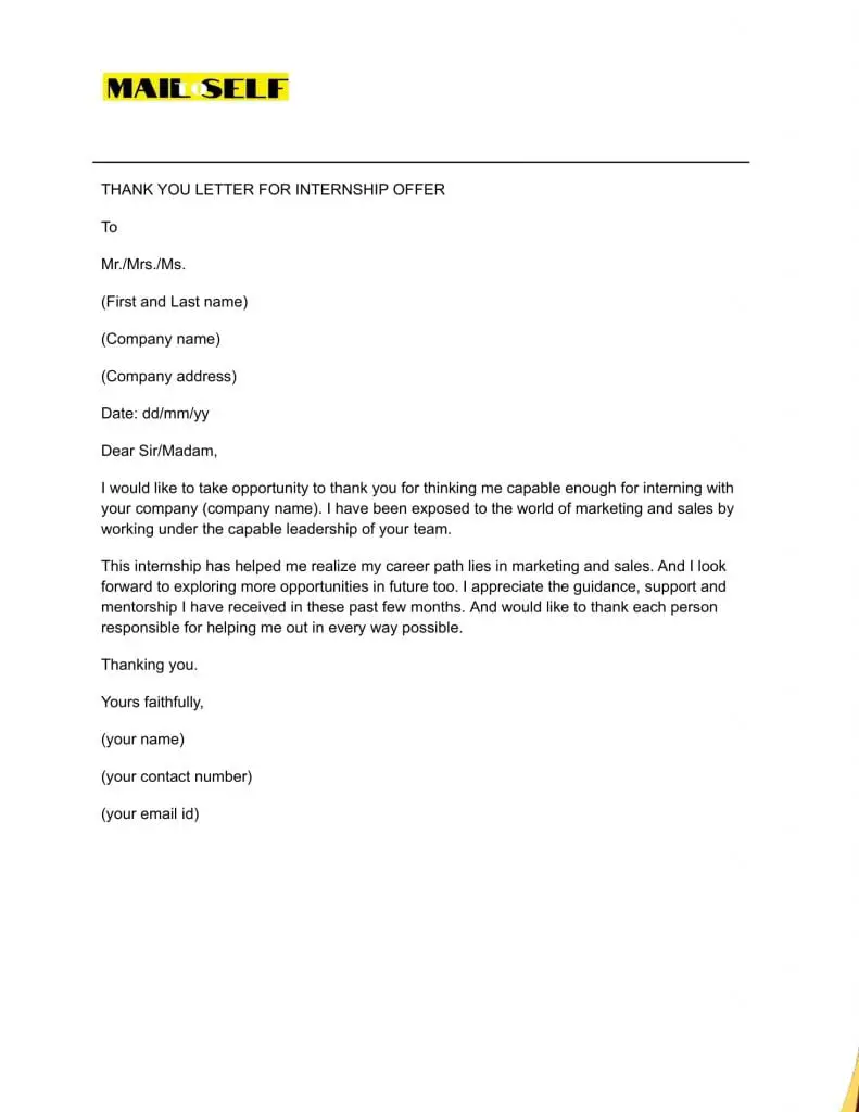 Sample 1 for Thank You Letter for Internship Offer