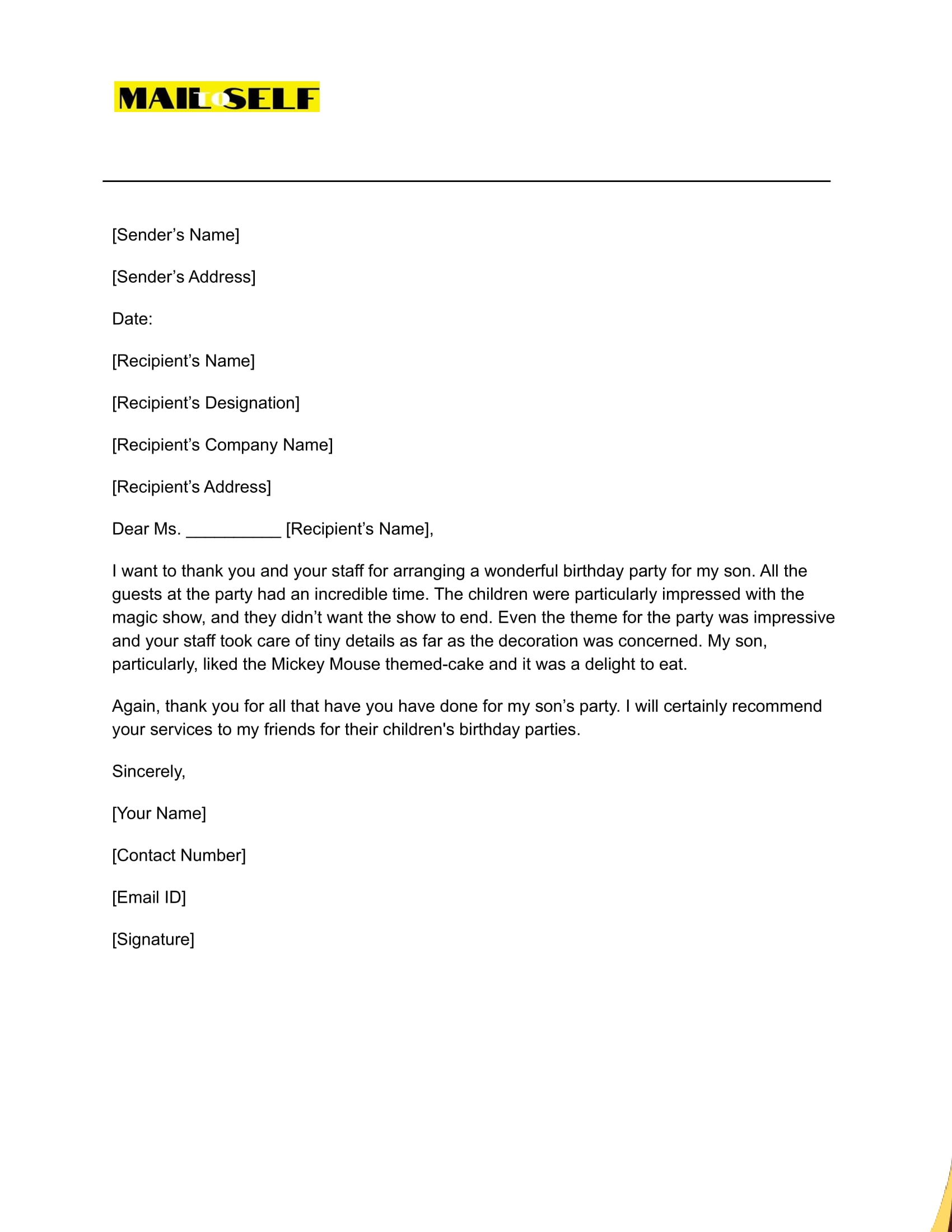 Sample #3 Thank You Letter for Service