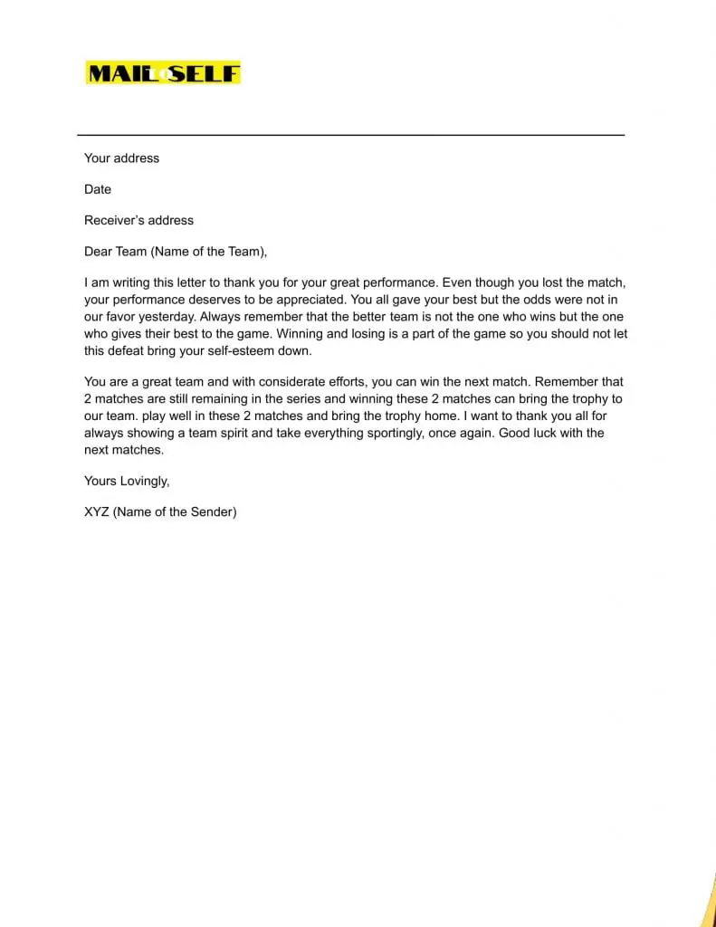 Sample #4 for Thank You Letter from Coach to Players