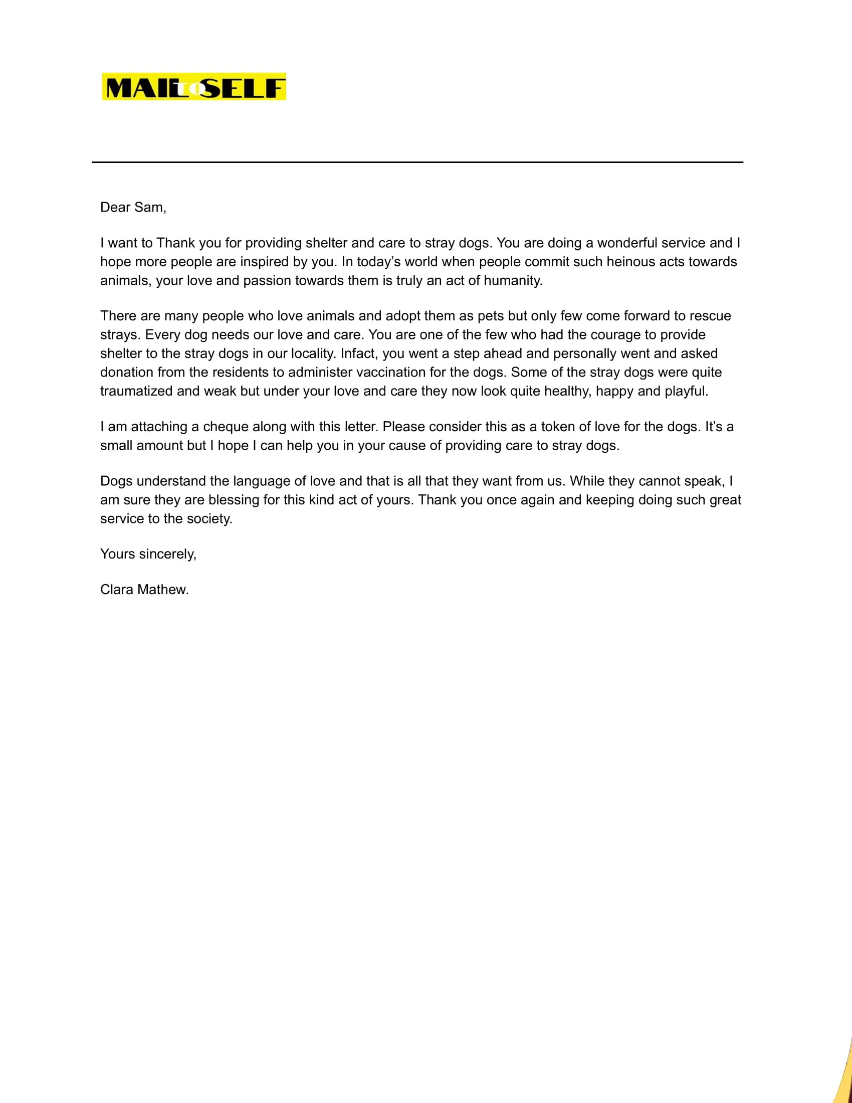 Sample #2  Thank You Letter to Animal Rescue