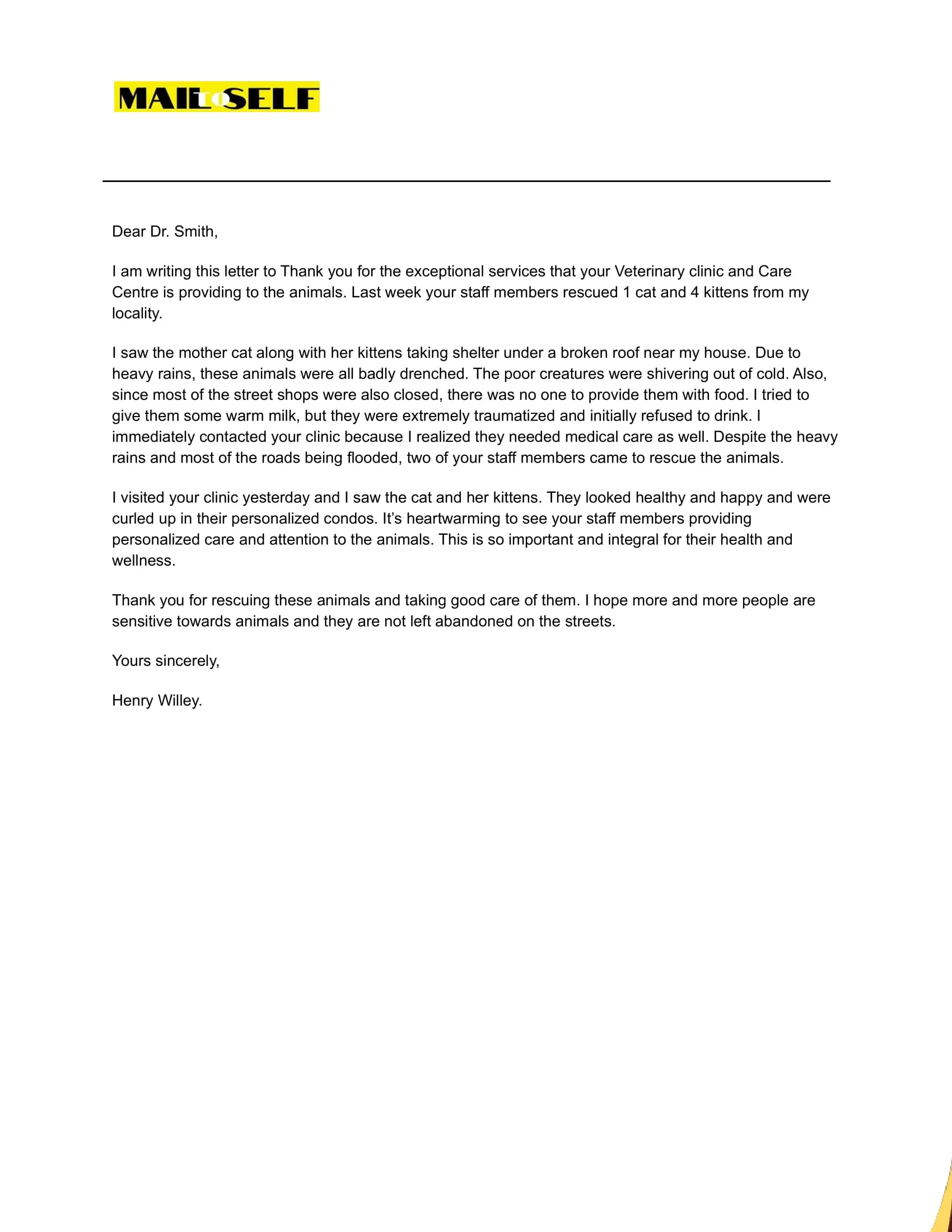 Sample #3  Thank You Letter to Animal Rescue