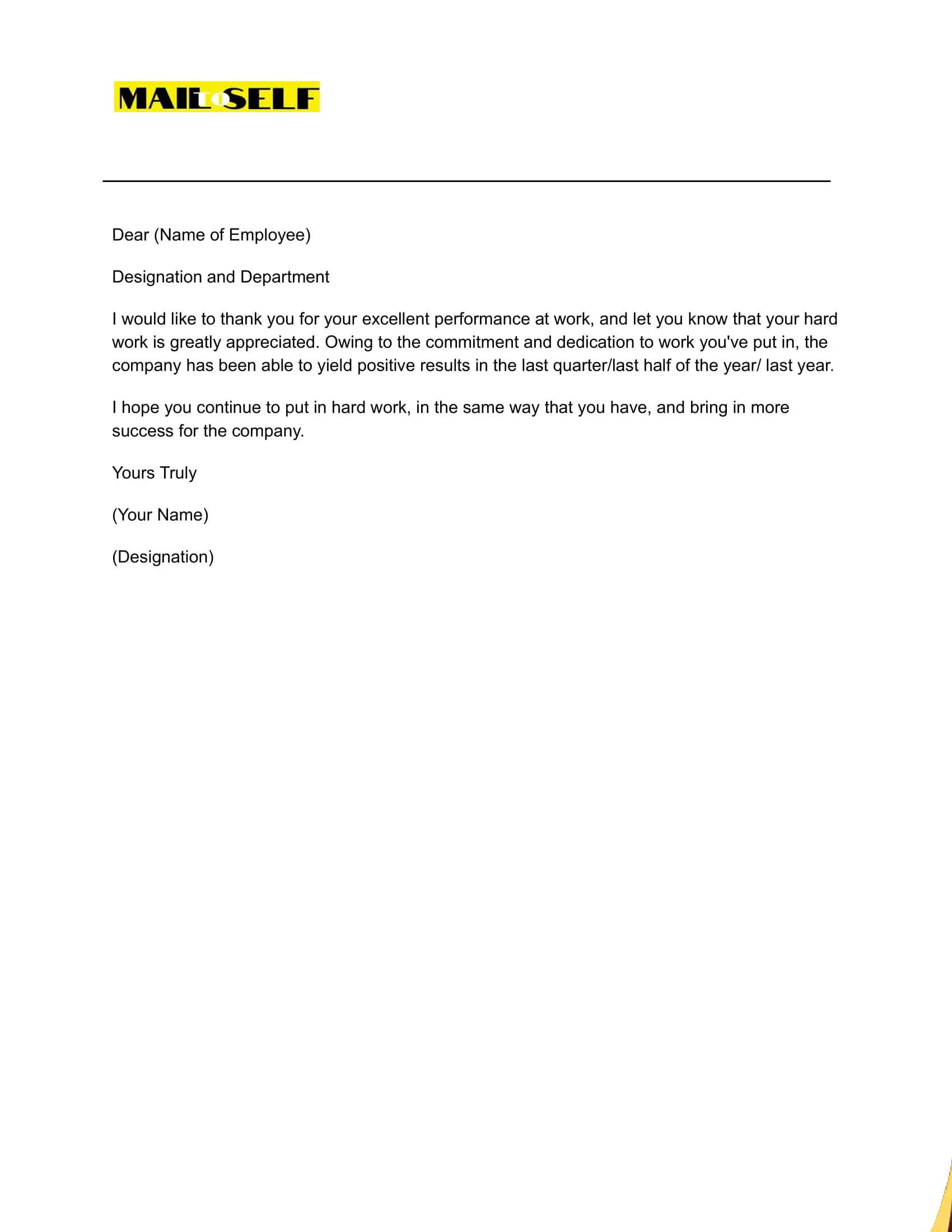 Sample #1 Thank You Letter to Employees for Excellent Performance