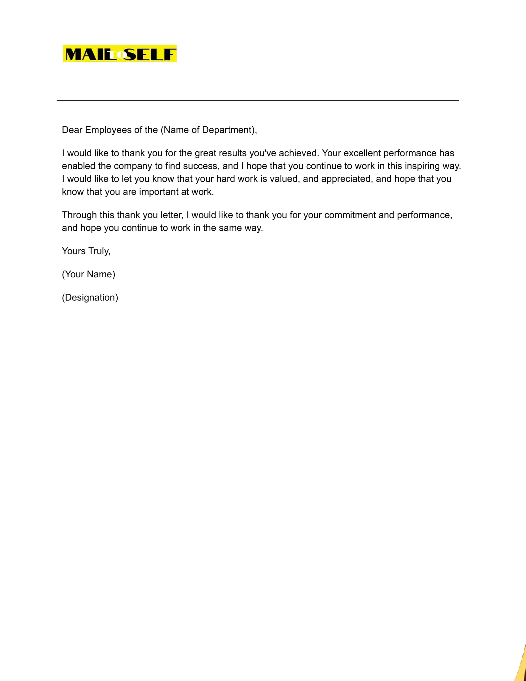 Sample #4 Thank You Letter to Employees for Excellent Performance