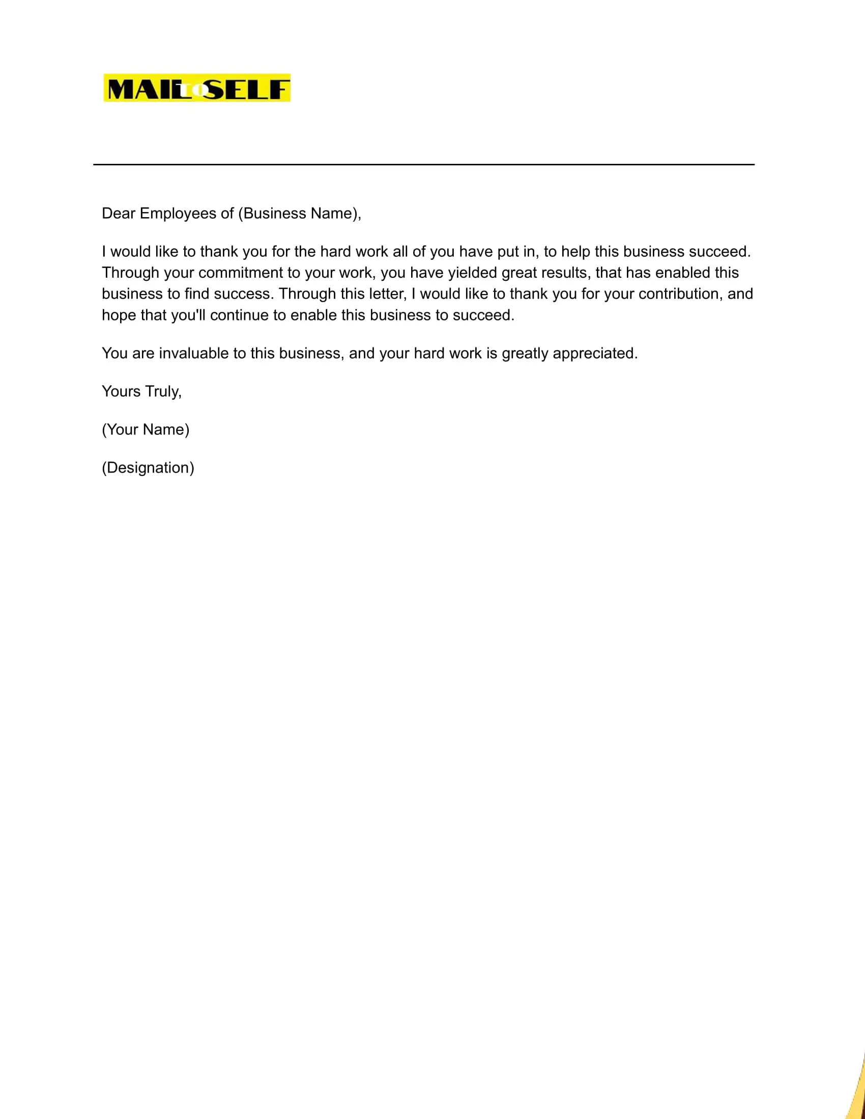 Sample #5 Thank You Letter to Employees for Excellent Performance 