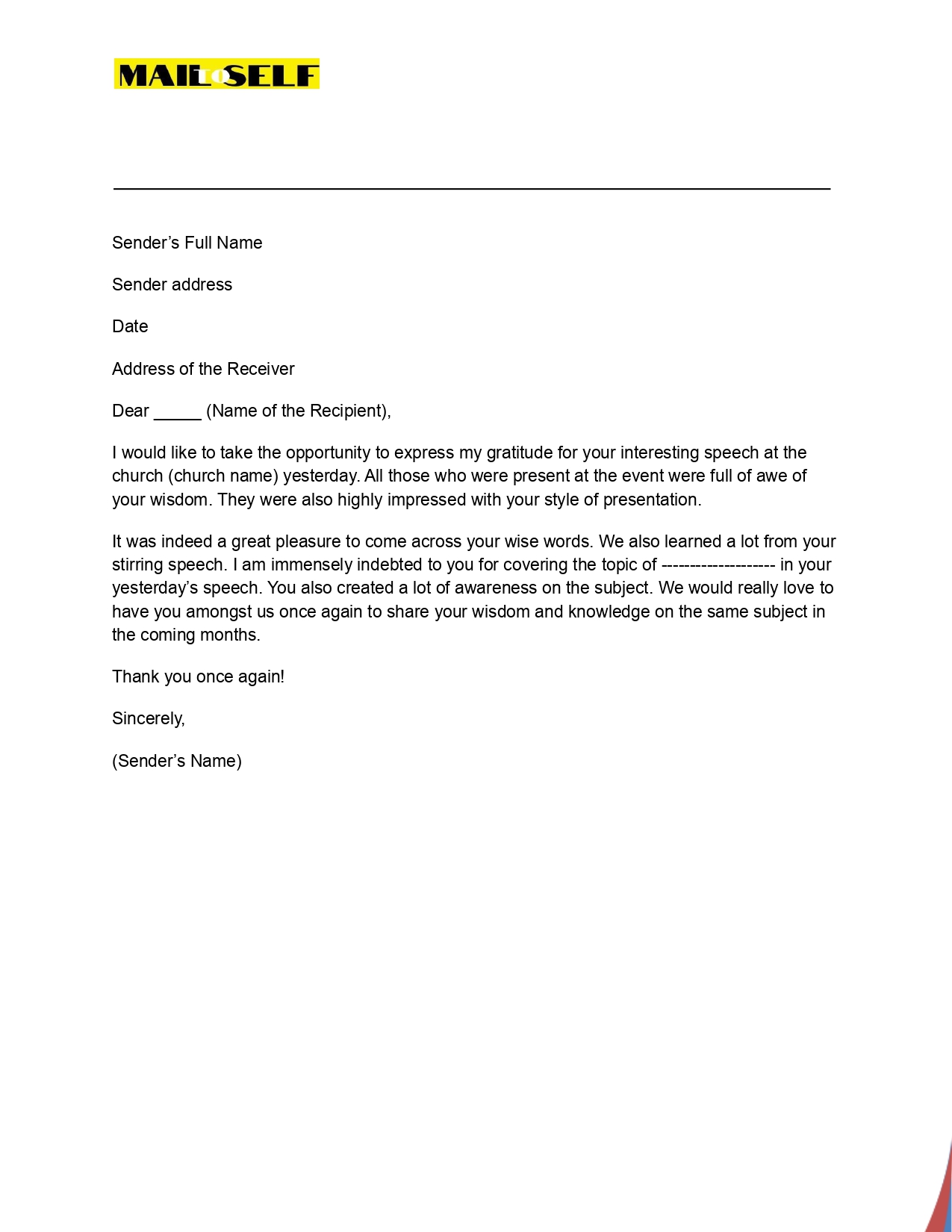 Thank You Letter to Guest Speaker at Church Sample #1 Sample #1 for Thank You Letter to Guest Speaker at Church