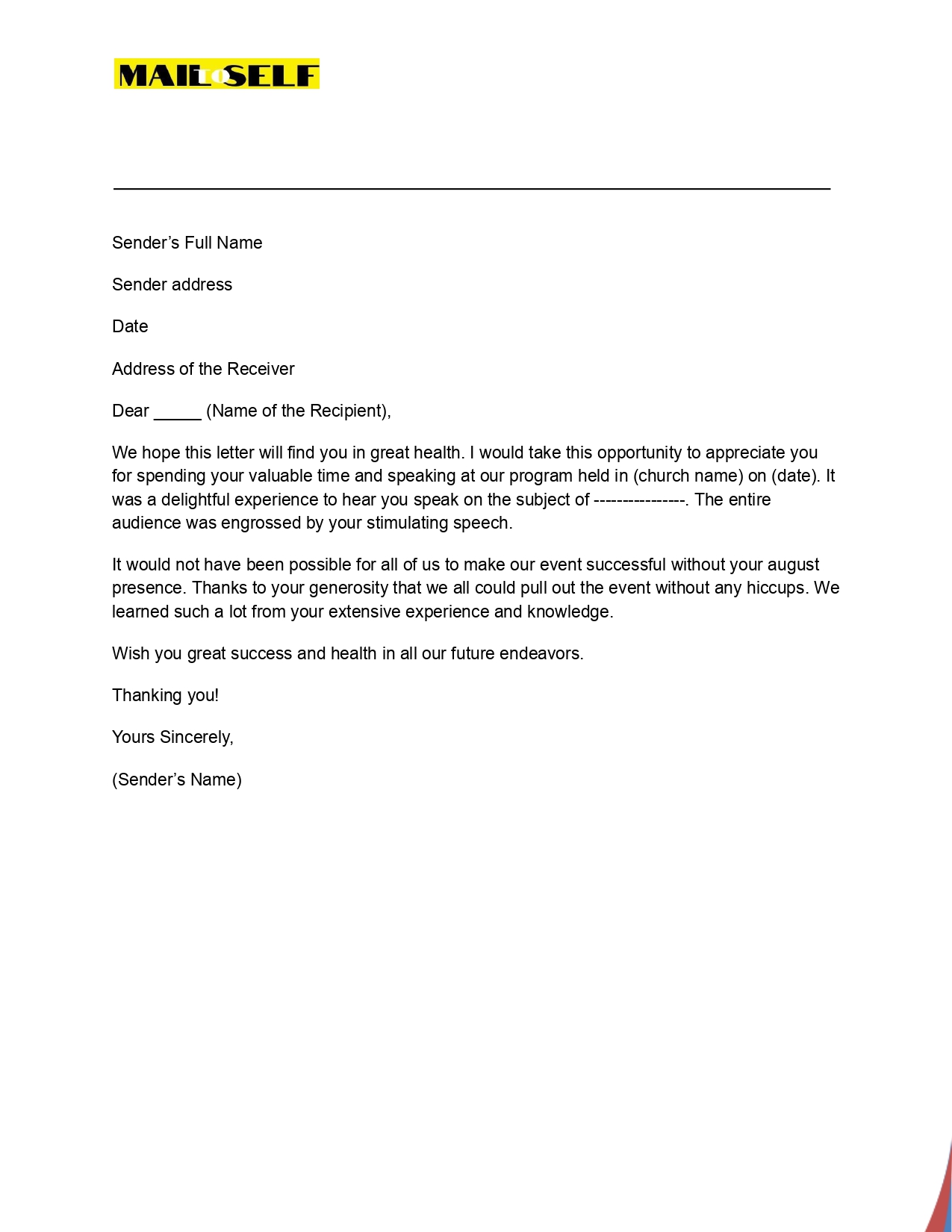 Thank You Letter to Guest Speaker at Church Sample #4 Sample #4 for Thank You Letter to Guest Speaker at Church