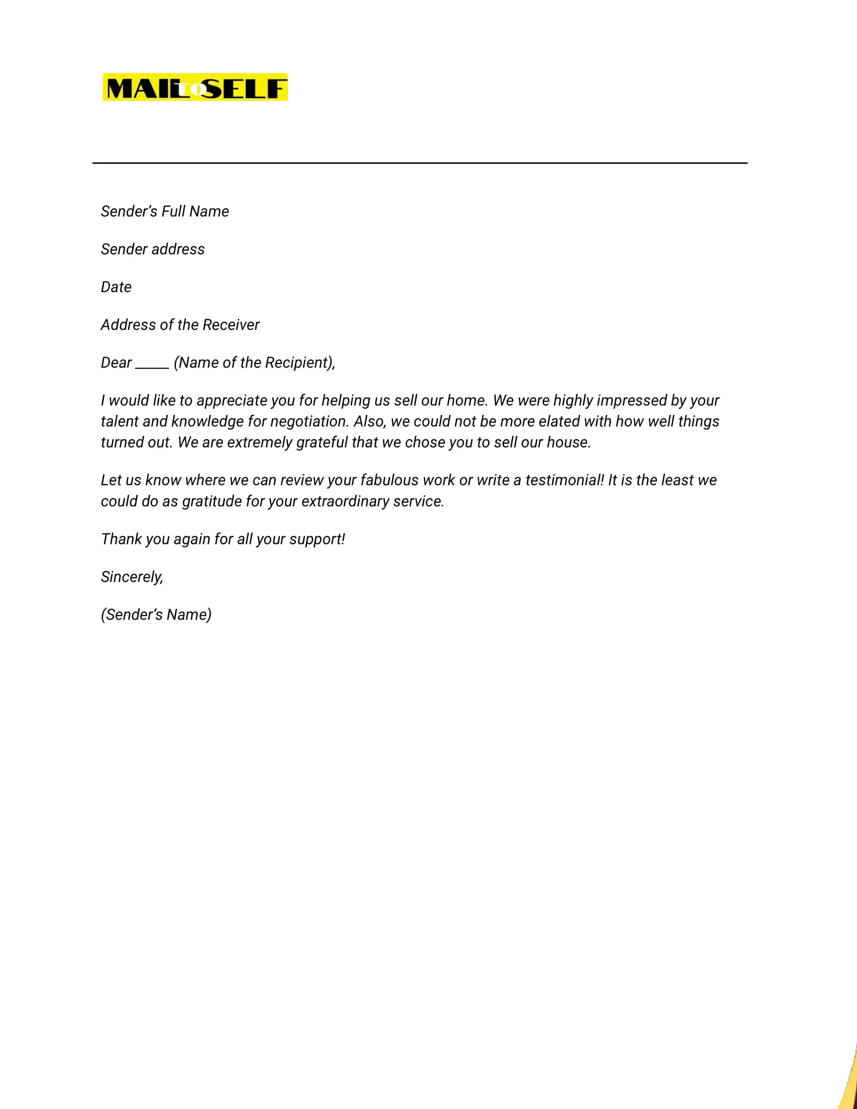 Sample #1 Thank You Letter to Real Estate Agent