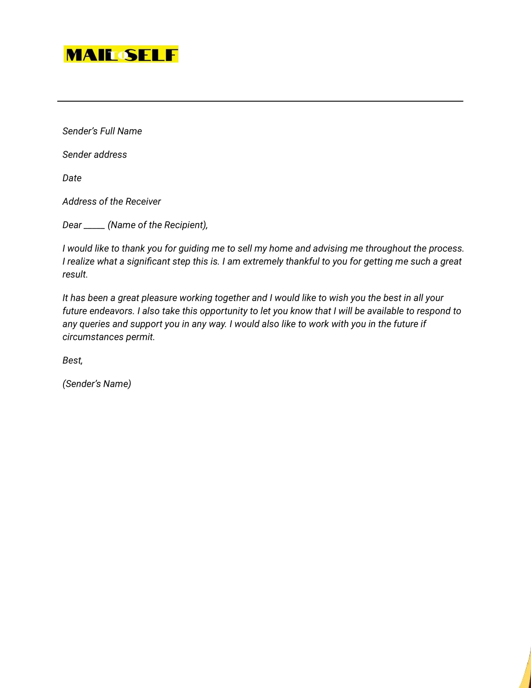 Sample #2 Thank You Letter to Real Estate Agent