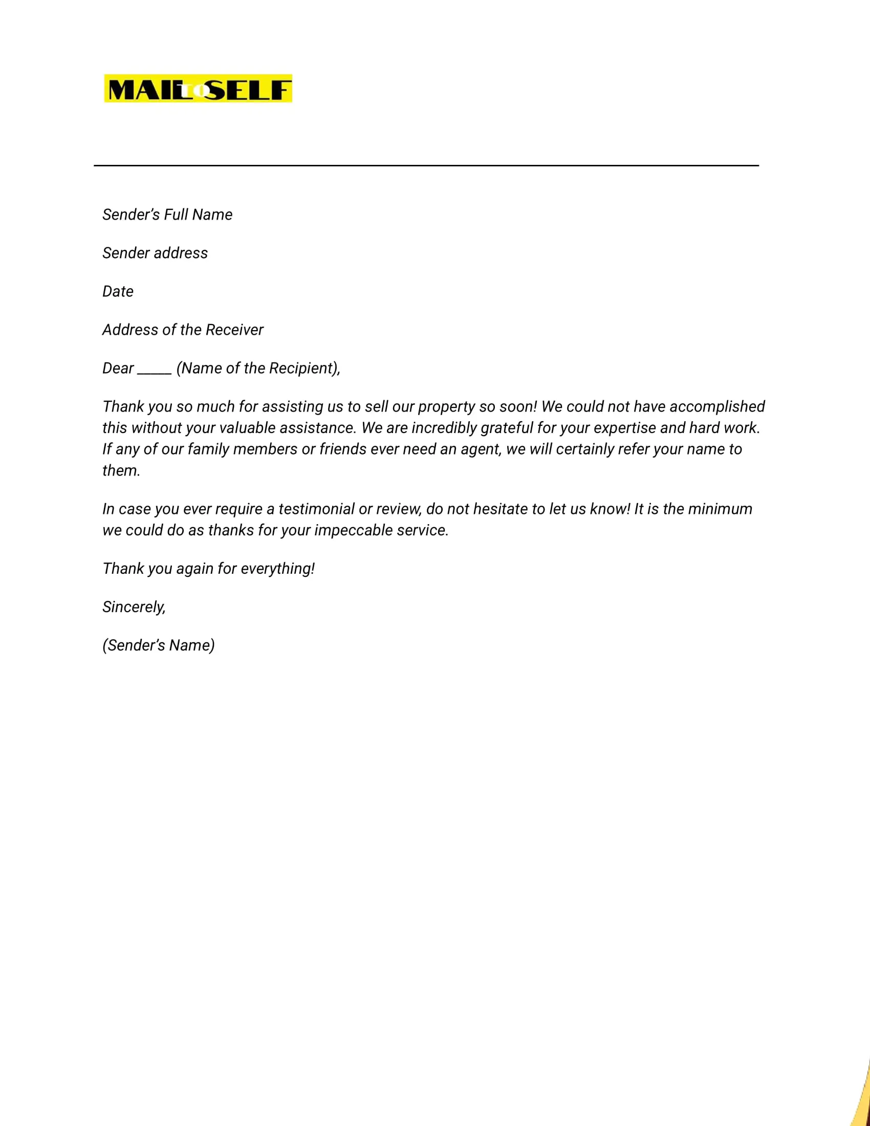 Sample #3 Thank You Letter to Real Estate Agent