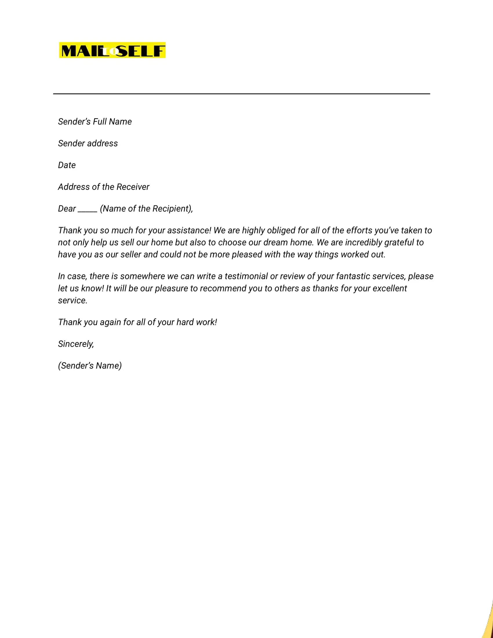 Sample #5 Thank You Letter to Real Estate Agent