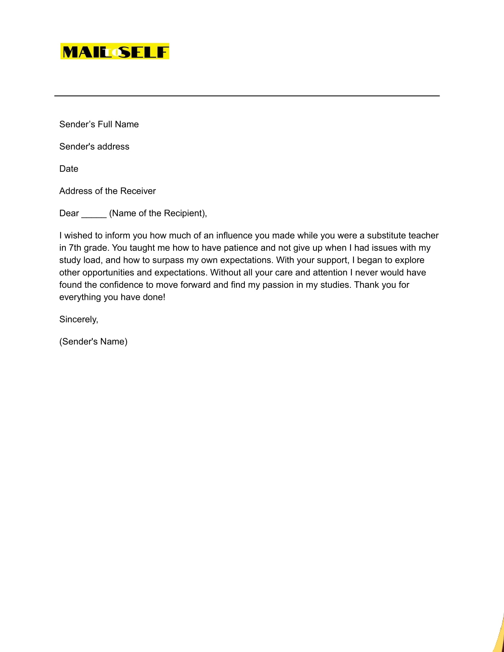 Sample #2 Thank You Letter to Substitute Teacher