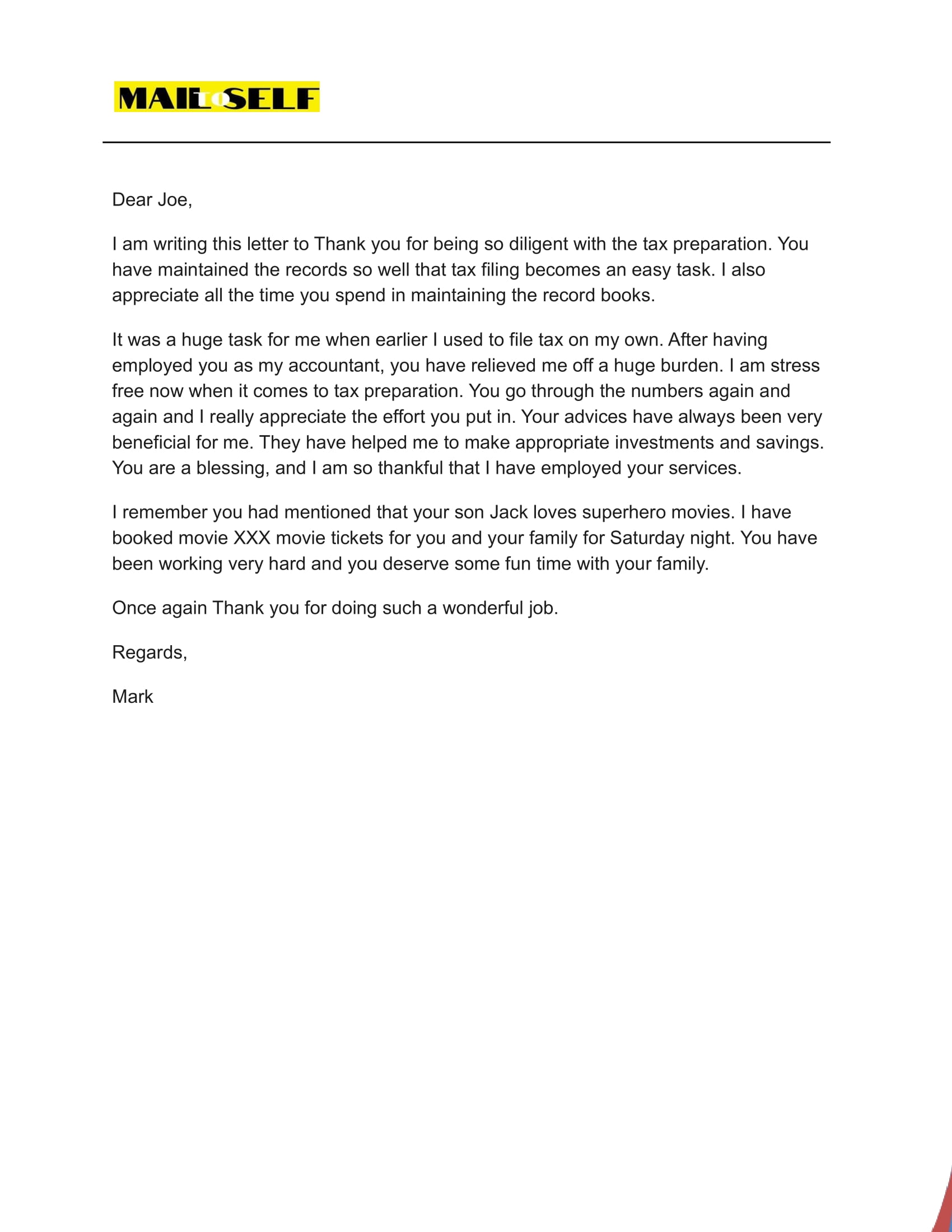Sample #1 Thank You Letter to Your Accountant for Tax Preparation