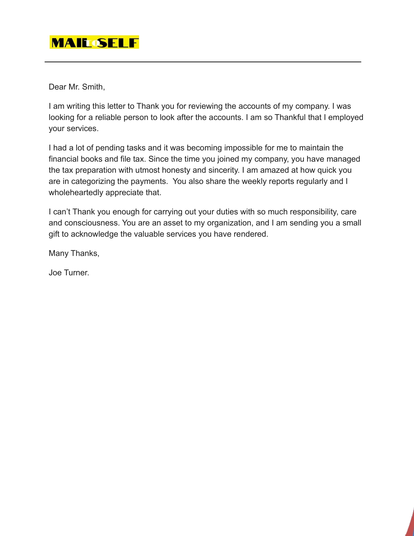 Sample #3 Thank You Letter to Your Accountant for Tax Preparation