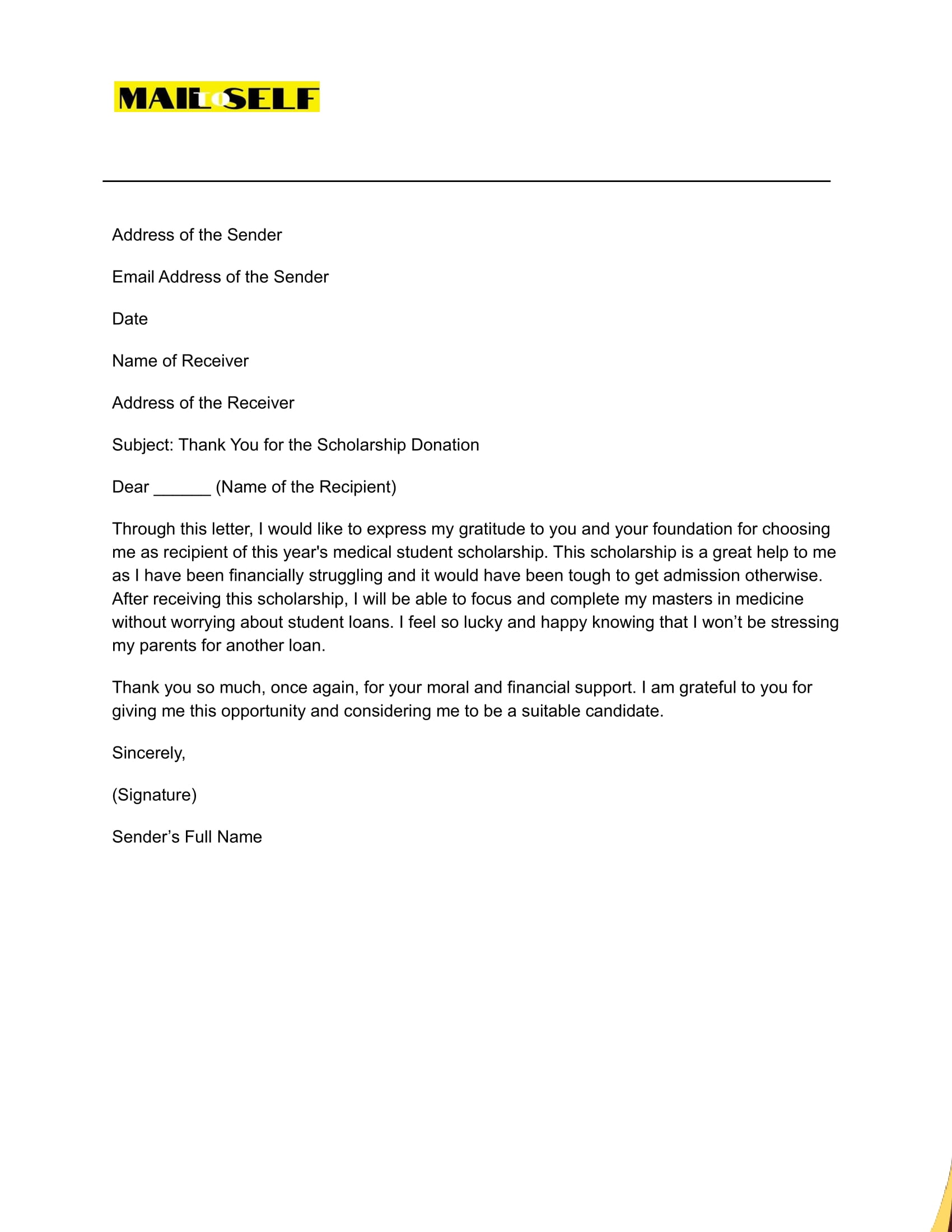 Sample #1 Thank You Letter to a Scholarship Donor