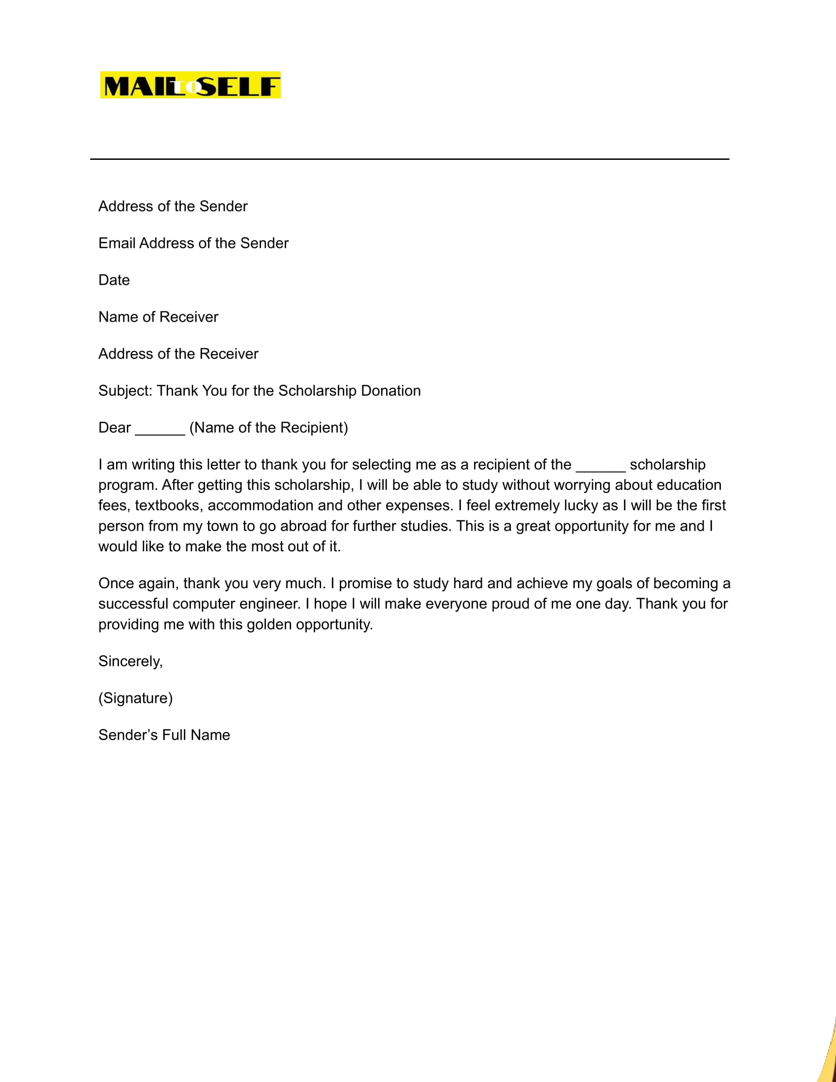 Sample #2 Thank You Letter to a Scholarship Donor