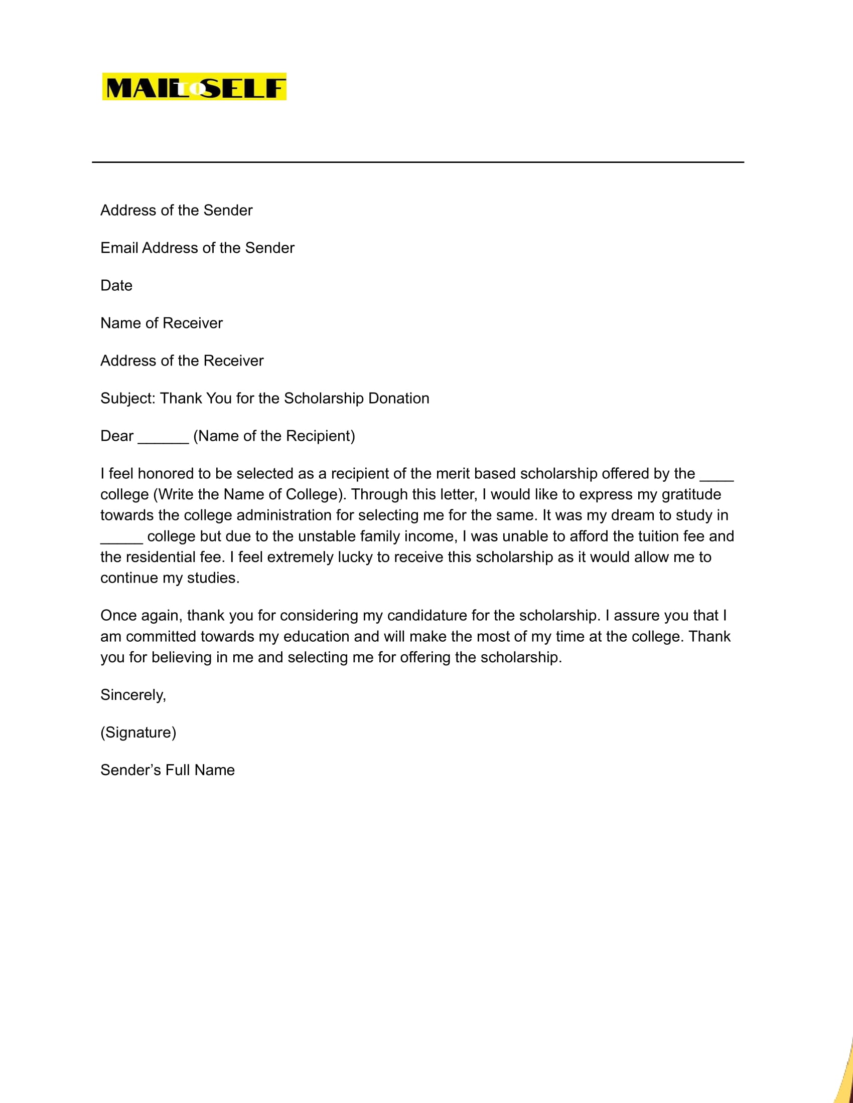 Sample #5 Thank You Letter to a Scholarship Donor
