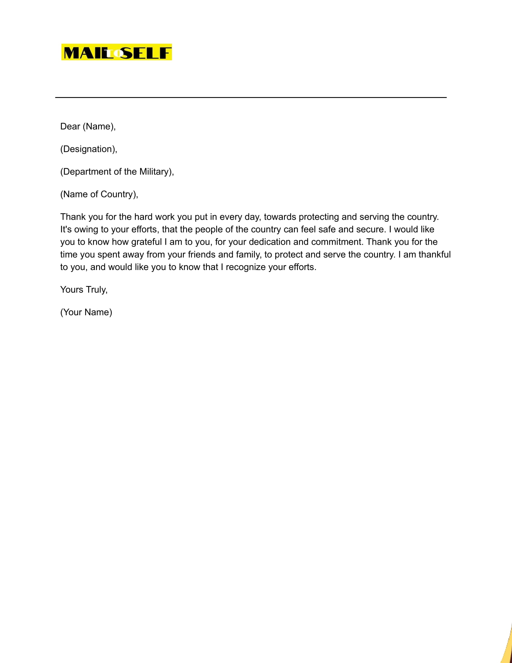 Sample #1 Thank You for Serving Our Country Letter