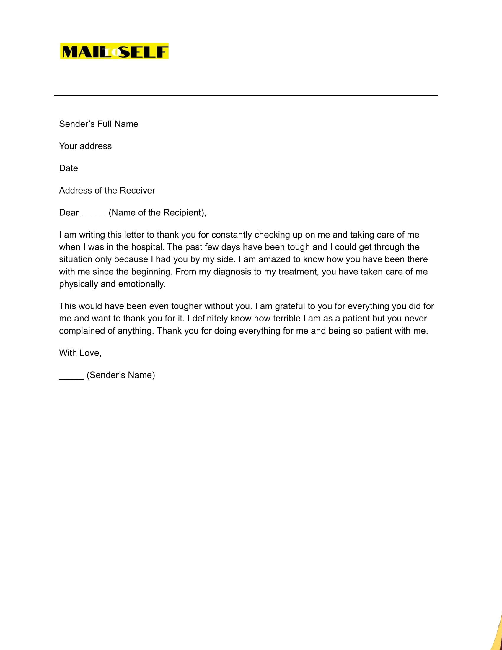 Sample #1 Thank You for Taking Care of Me Letter
